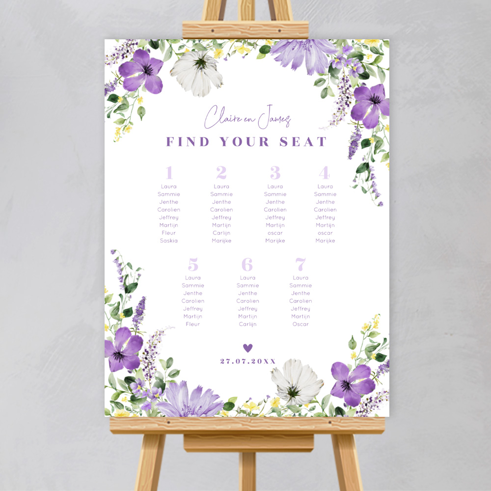 Tafelschikking bord bruiloft bloemen paars