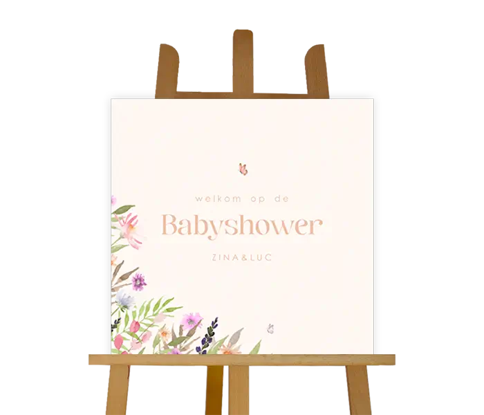 Welkomstbord babyshower met bloemen