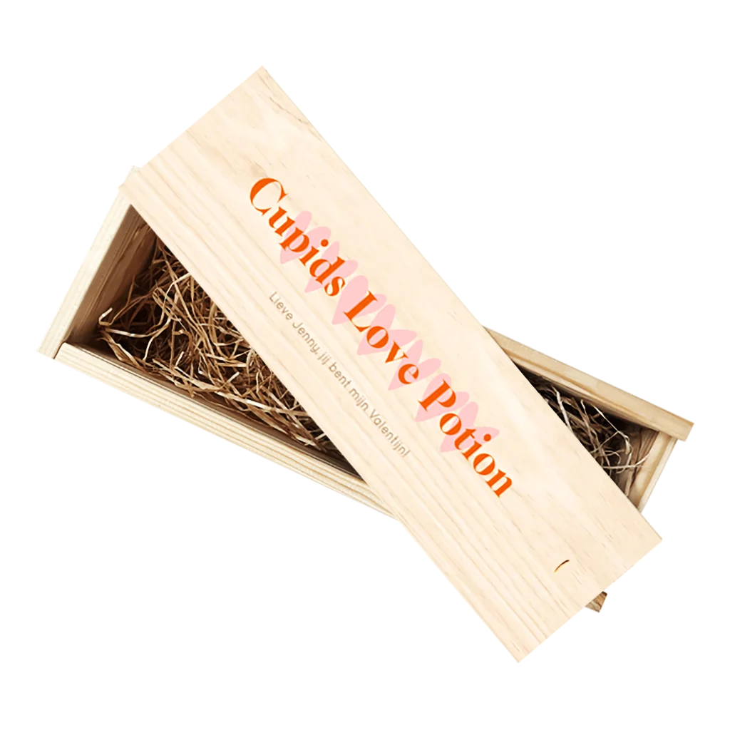 Wijnkist valentijn gepersonaliseerd met tekst en hartjes