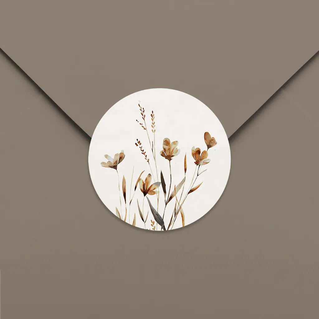 Sluitsticker beige met veldbloemen - per 25 stuks