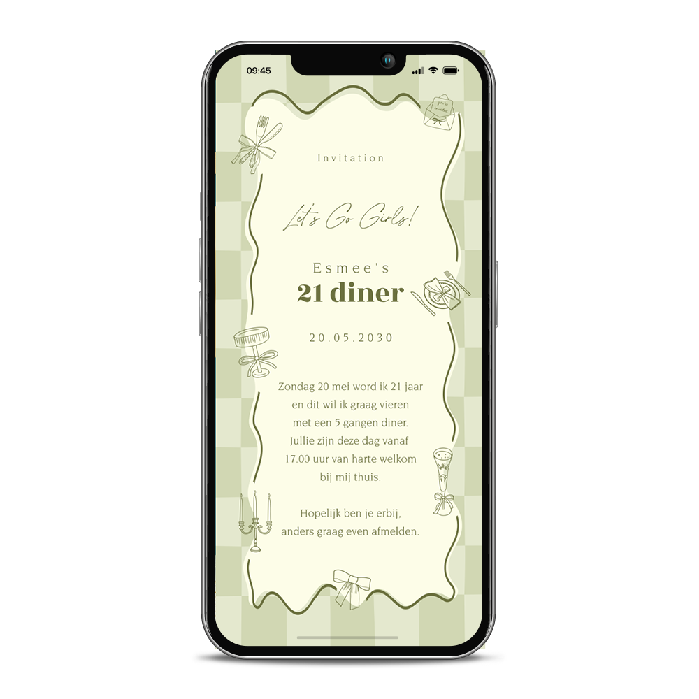 Digitale 21 diner uitnodiging met blokjespatroon en illustraties
