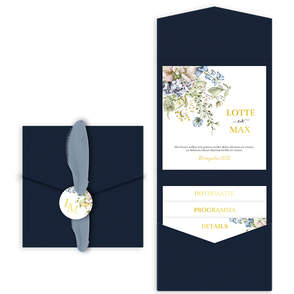 Stijlvolle pocketfold trouwkaart met goudfolie en bloemen