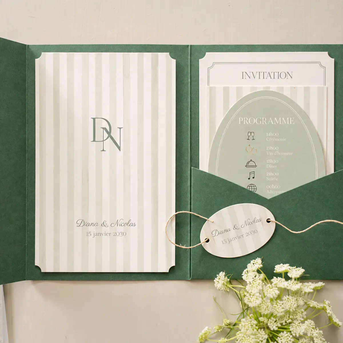 Faire-part de mariage vintage de type pochette dans des tons verts