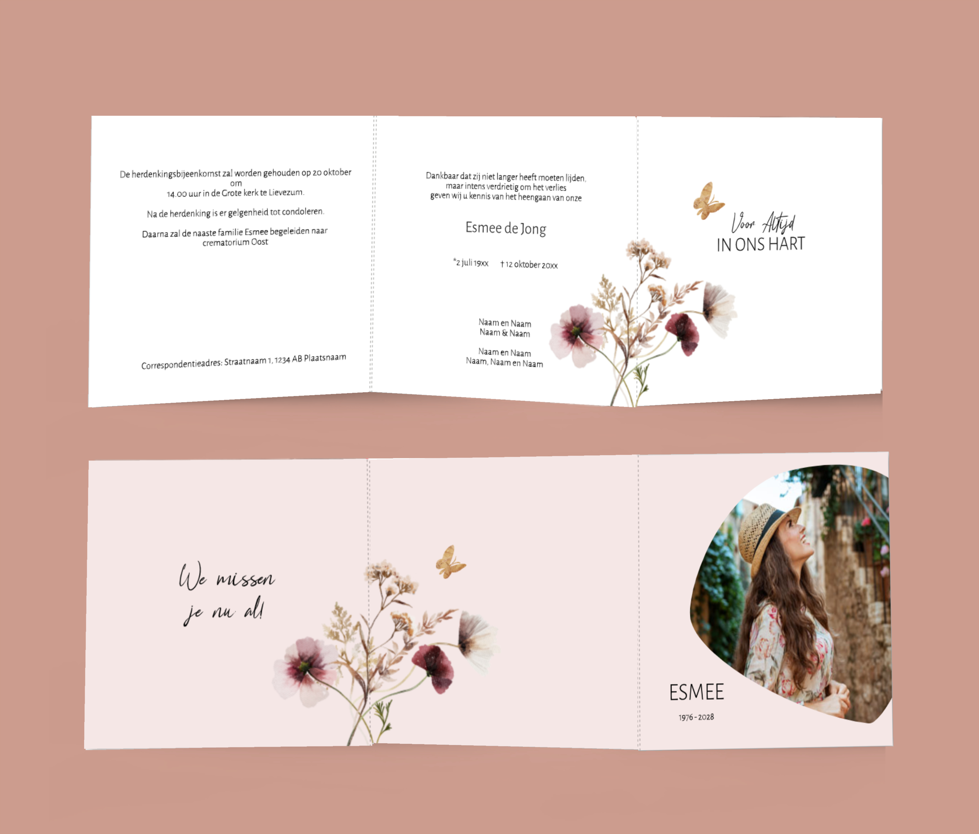 Rouwkaart vrouw modern drieluik foto bloemen