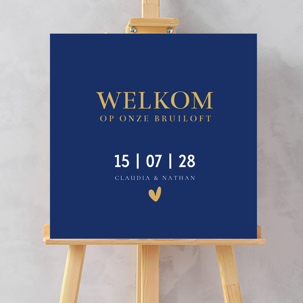 Bruiloftsbord donkerblauw stijlvol hartje welkom