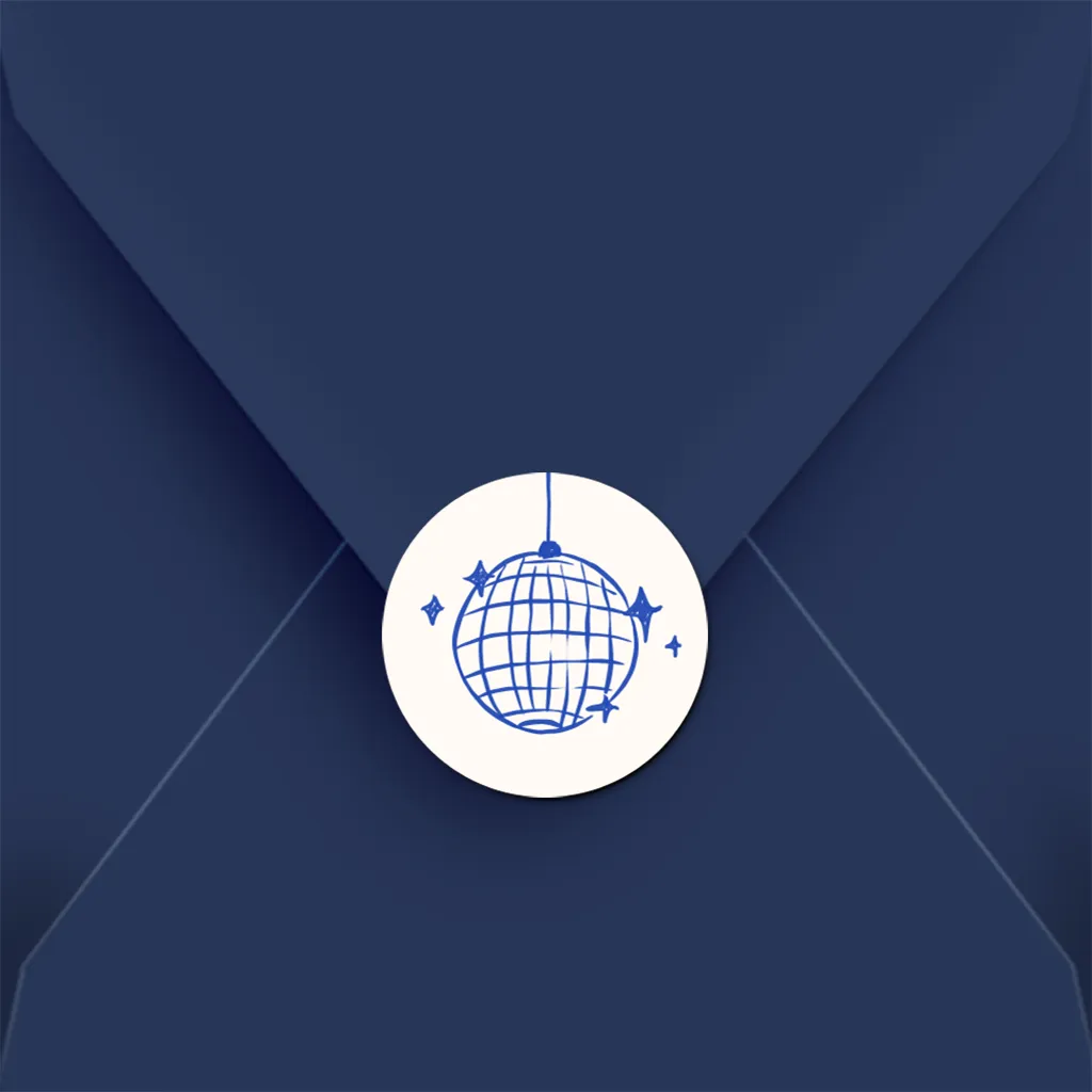 Sluitsticker bruiloft met discobal in blauw