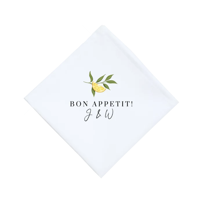 Gepersonaliseerde servetten voor bruiloft met citroen en takje