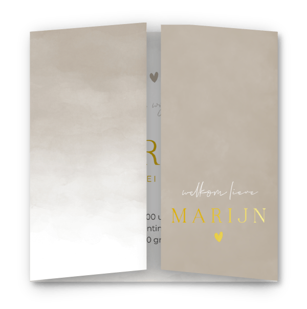 Elegant beige geboortekaartje | Luikvouw, watercolor & goudfolie