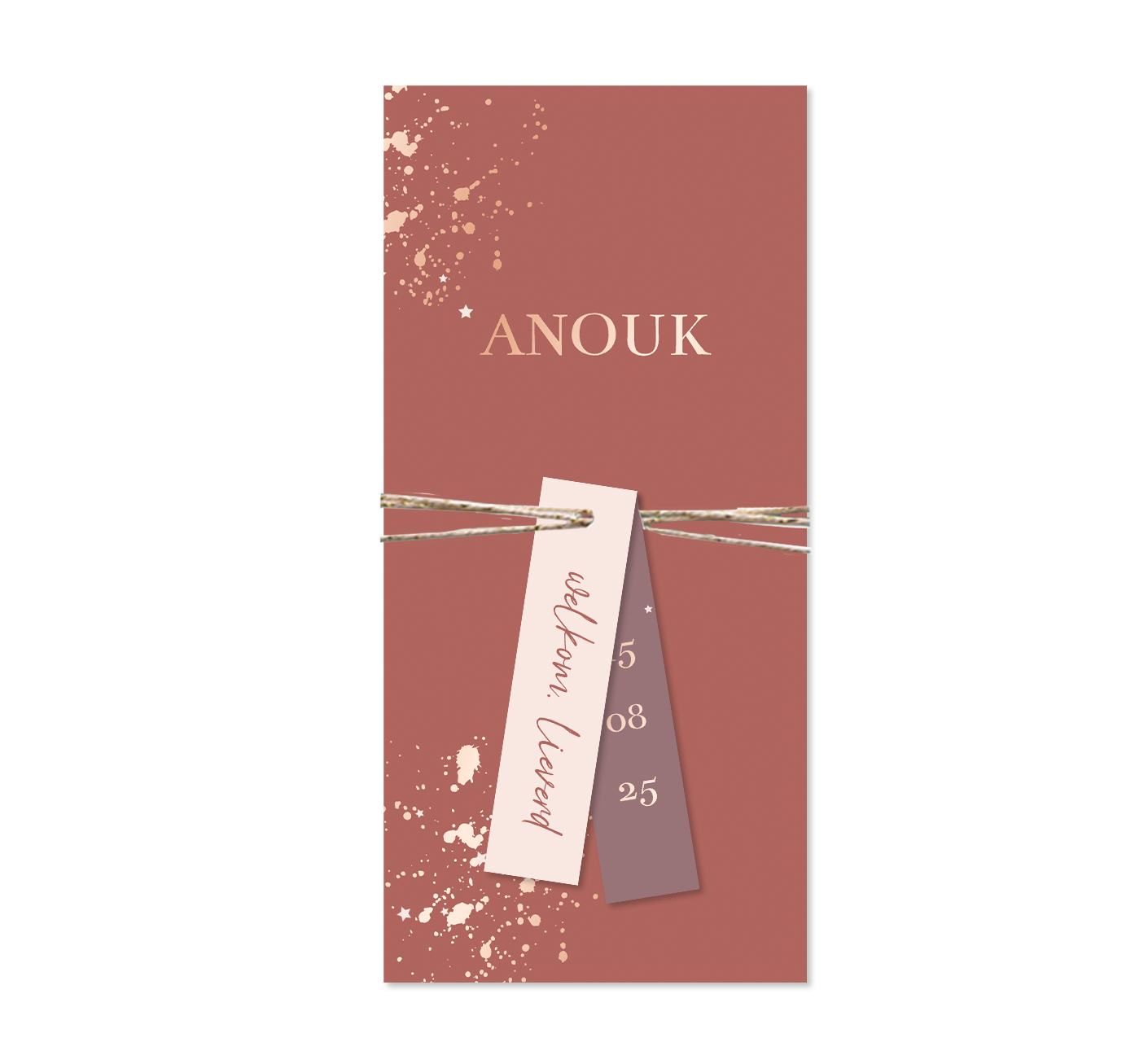 Roze label geboortekaartje meisje met spetters en roségoudfolie