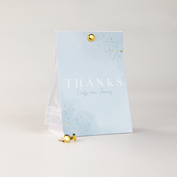 Doopsuiker tentkaartje met lichtblauwe watercolour en goudfolie