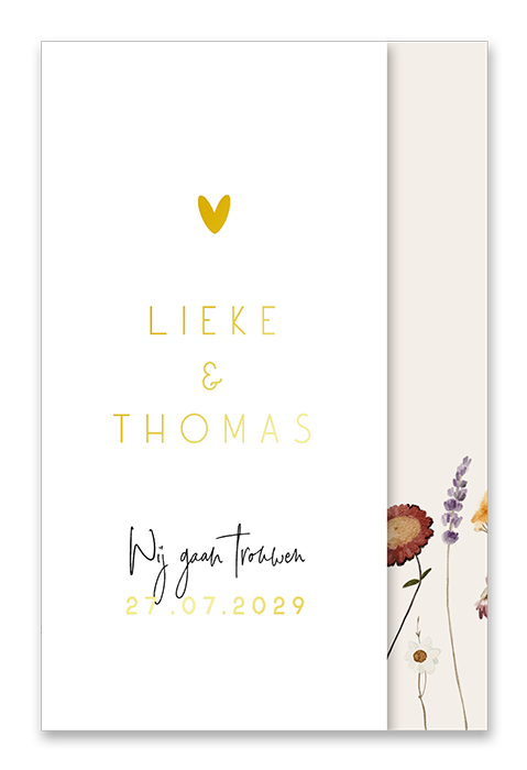 Drieluik trouwkaart beige met droogbloemen