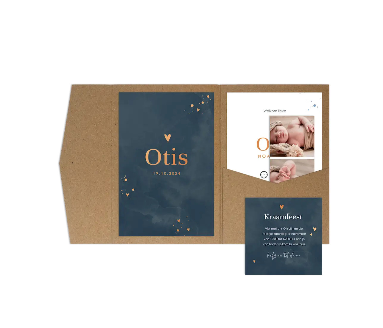 Pocketfold geboortekaartje donkerblauw met hoogglans