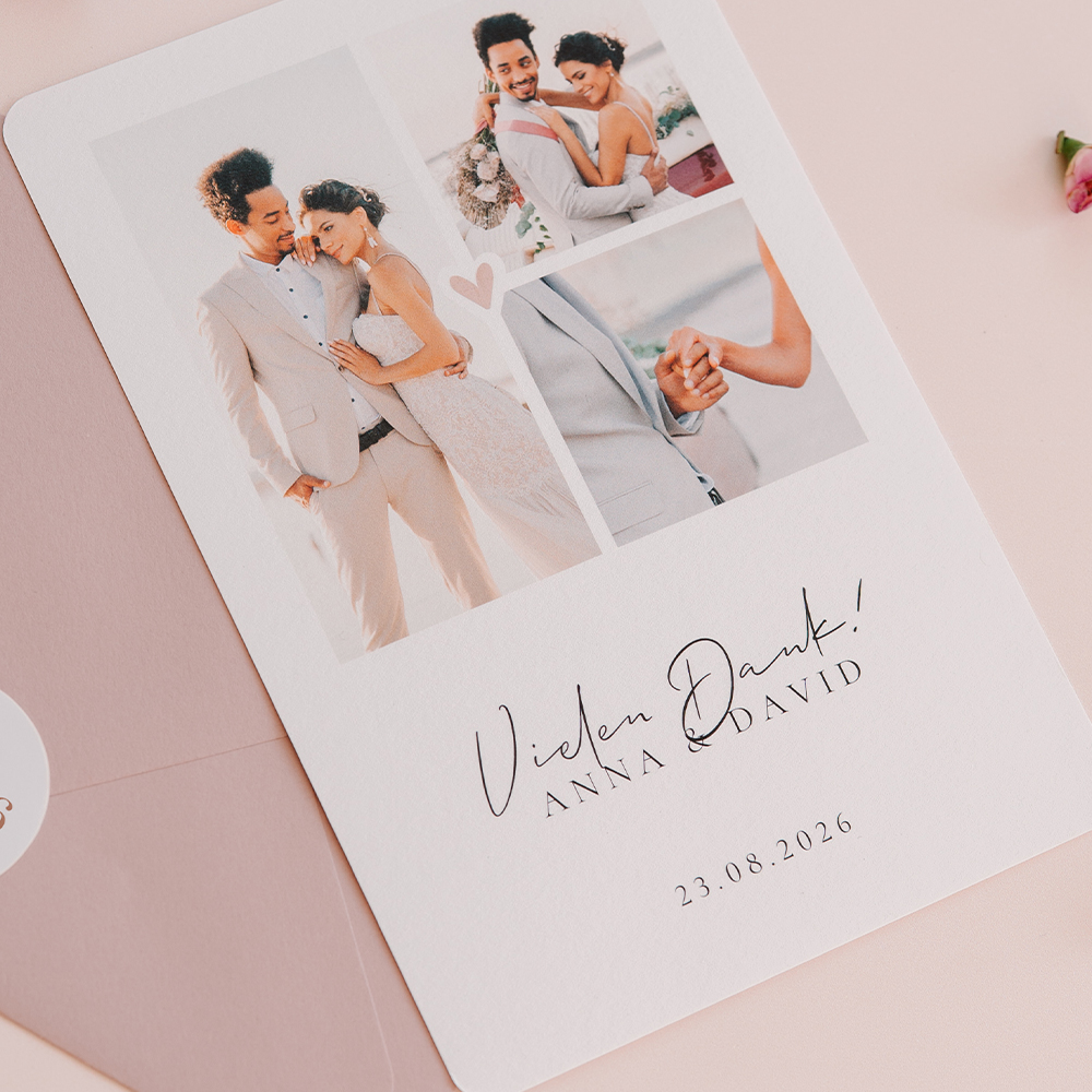 Dankeskarte zur Hochzeit mit Fotocollage und runden Ecken