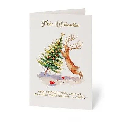 Geschäftliche Weihnachtskarte Hirsch mit Weihnachtsbaum