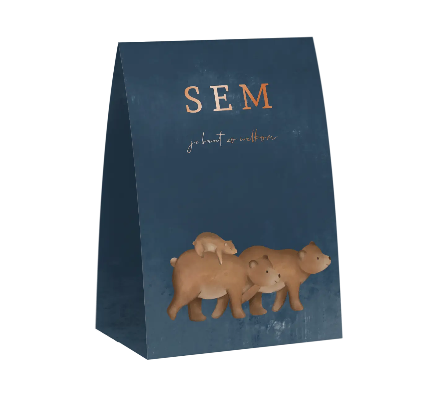 Blauw geboortekaartje tentvorm met beren en hoogglans