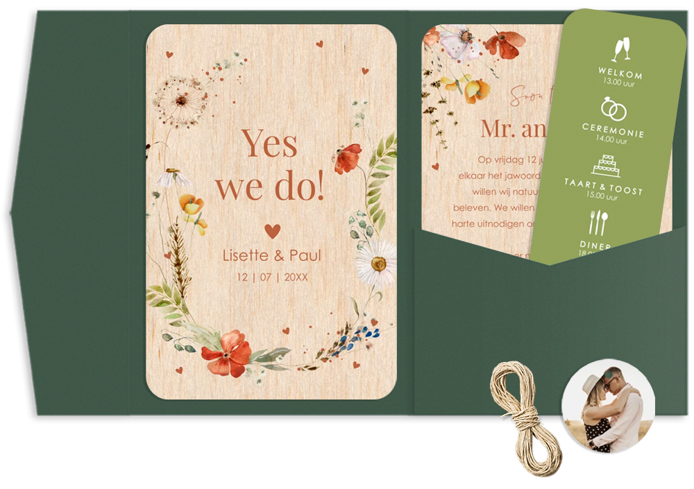 Pocketfold trouwkaart set veldbloemen groen houtlook