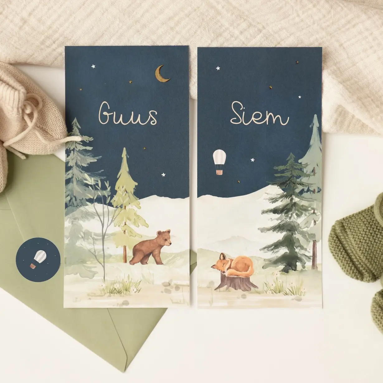 Tweeling geboortekaartje met bosdieren en sterrenhemel