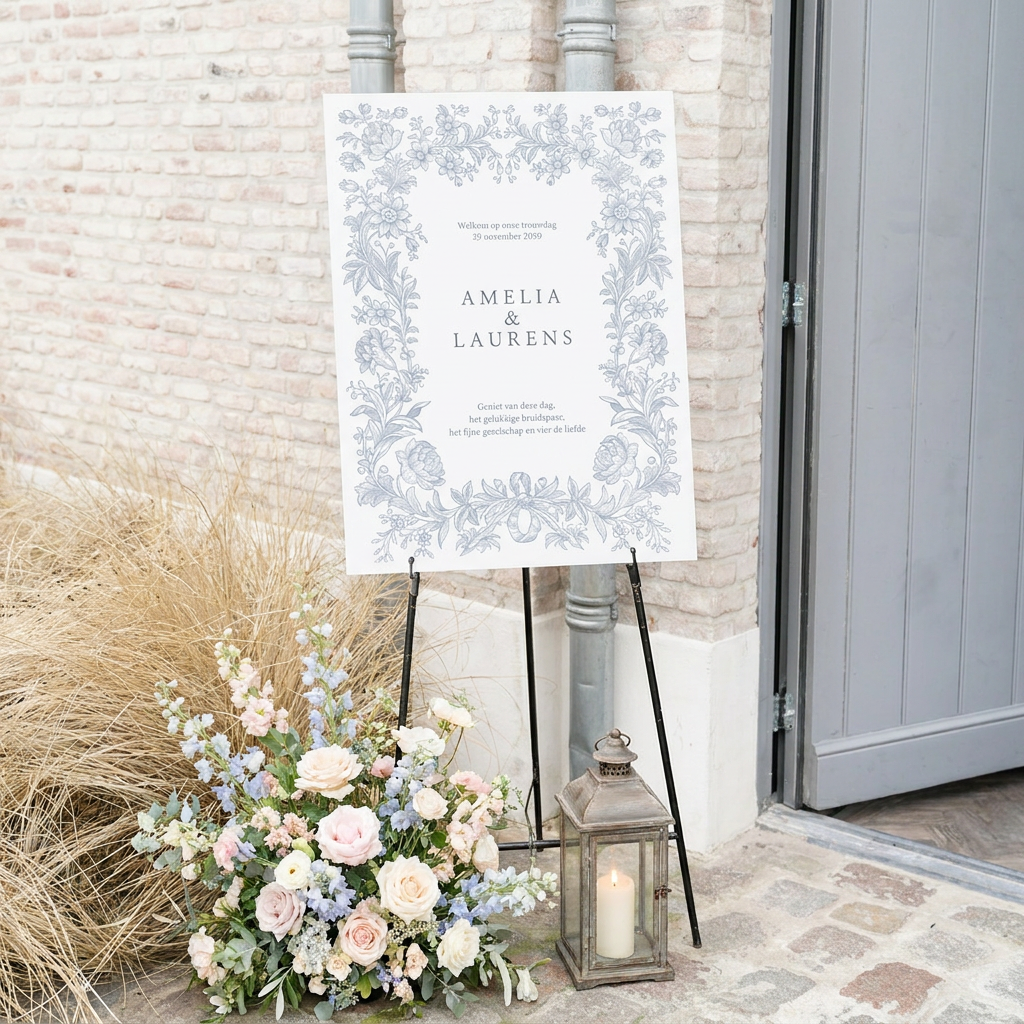 Klassiek welkomstbord met blauw grijze bloemenkrans
