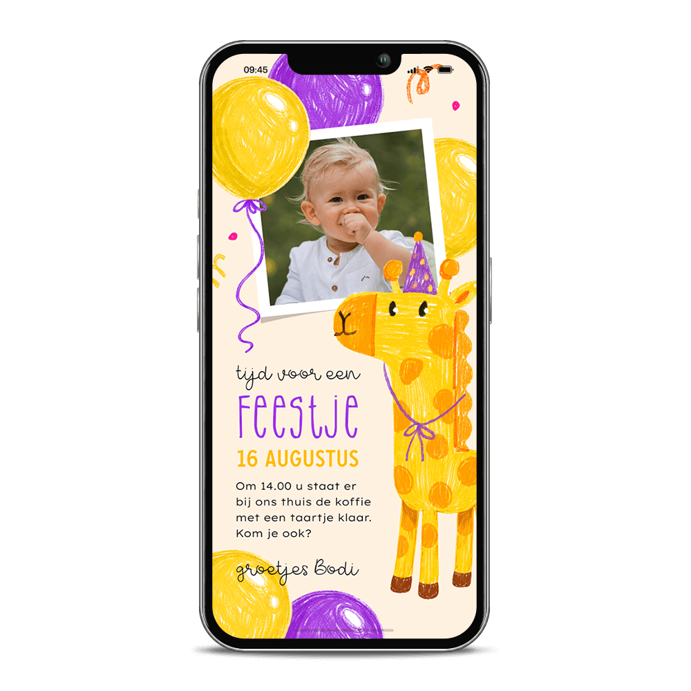Digitale uitnodiging eerste verjaardag met foto, giraf en ballonnen