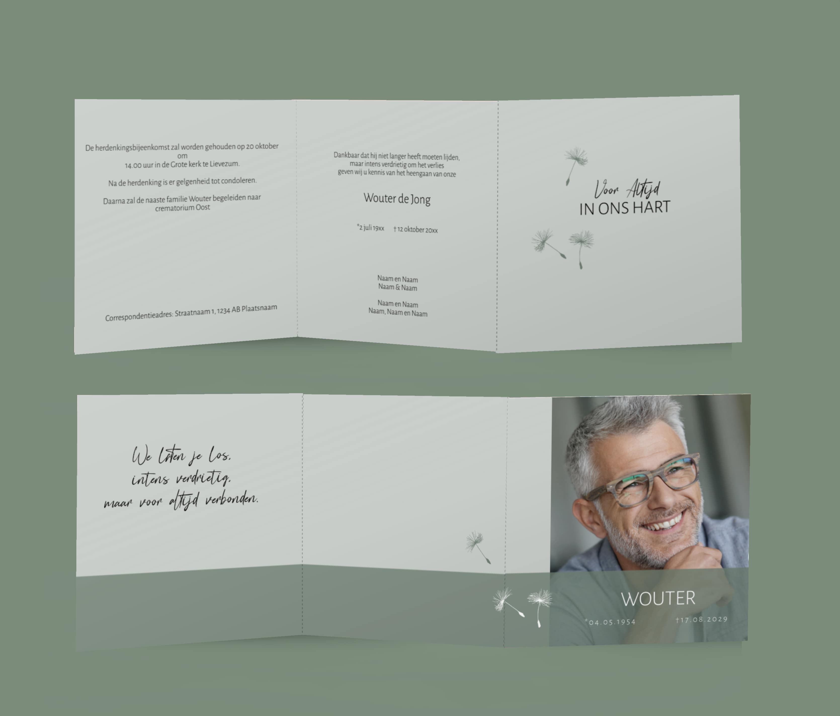 Rouwkaart modern drieluik man groen met foto