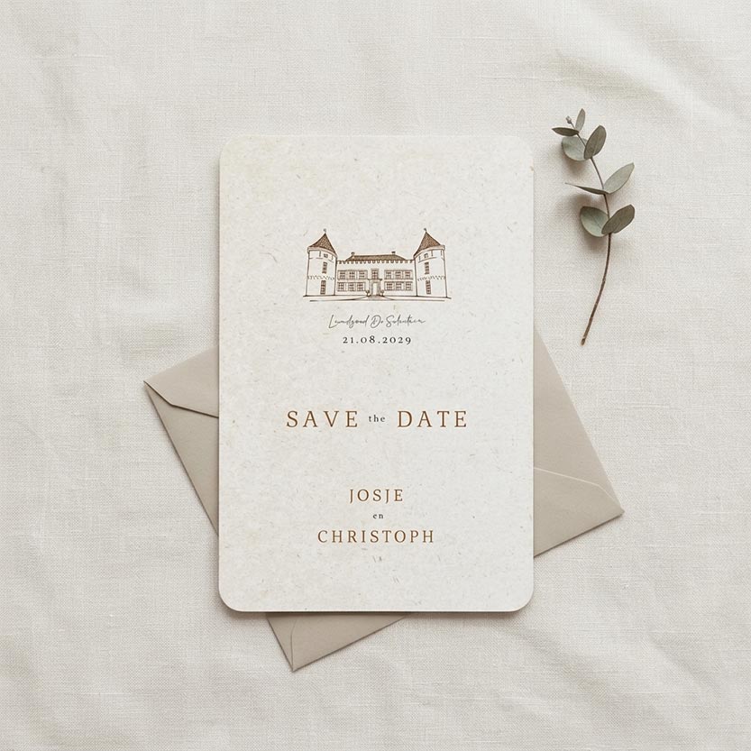 Save the Date lijntekening trouwlocatie eco look