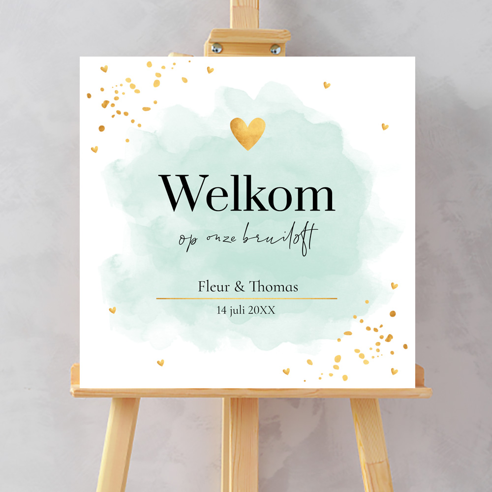 Bruiloftsbord groen waterverf goudlook welkom op onze bruiloft