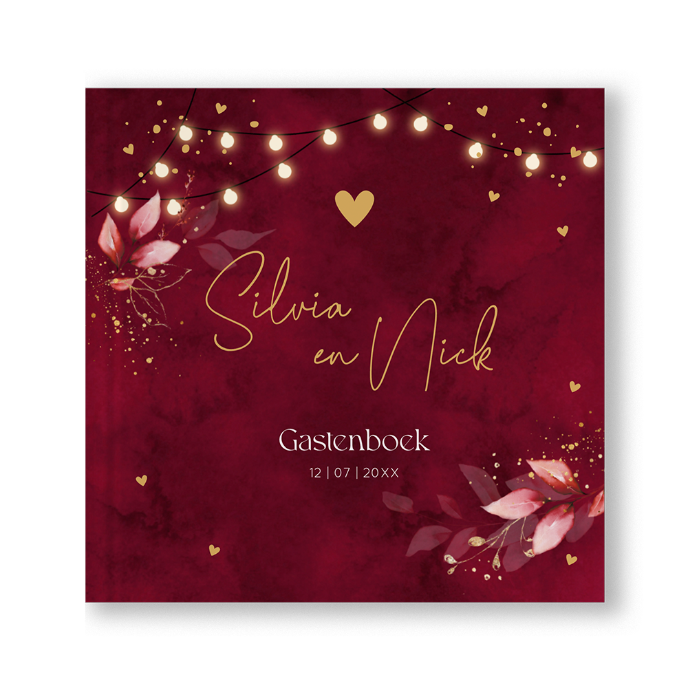 Gastenboek huwelijk stijlvol rood floral lampjes vierkant