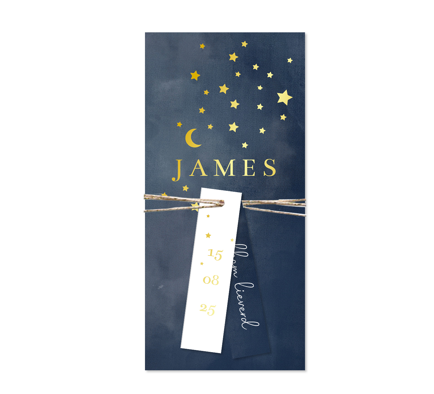 Blauw label geboortekaartje met watercolour en sterrenhemel