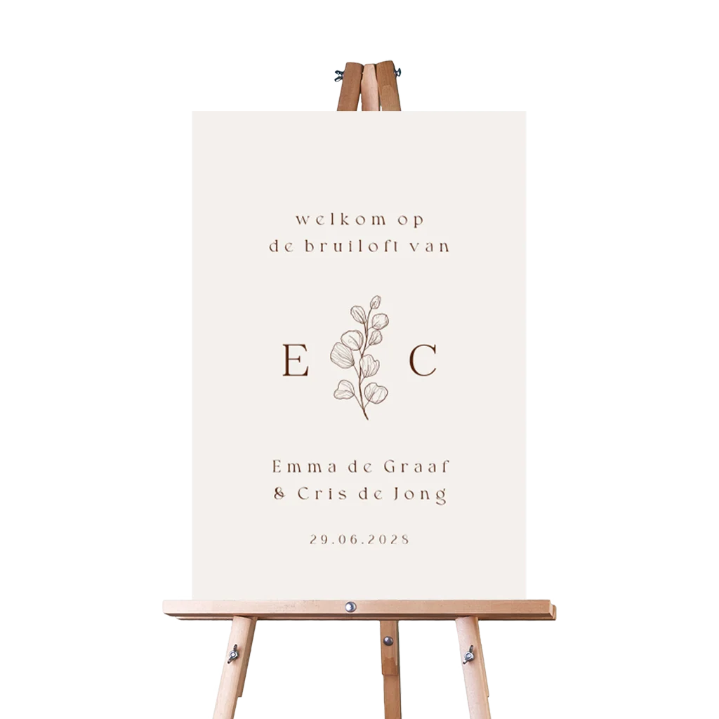 Welkomstbord bruiloft minimalistisch met tekening van bloem