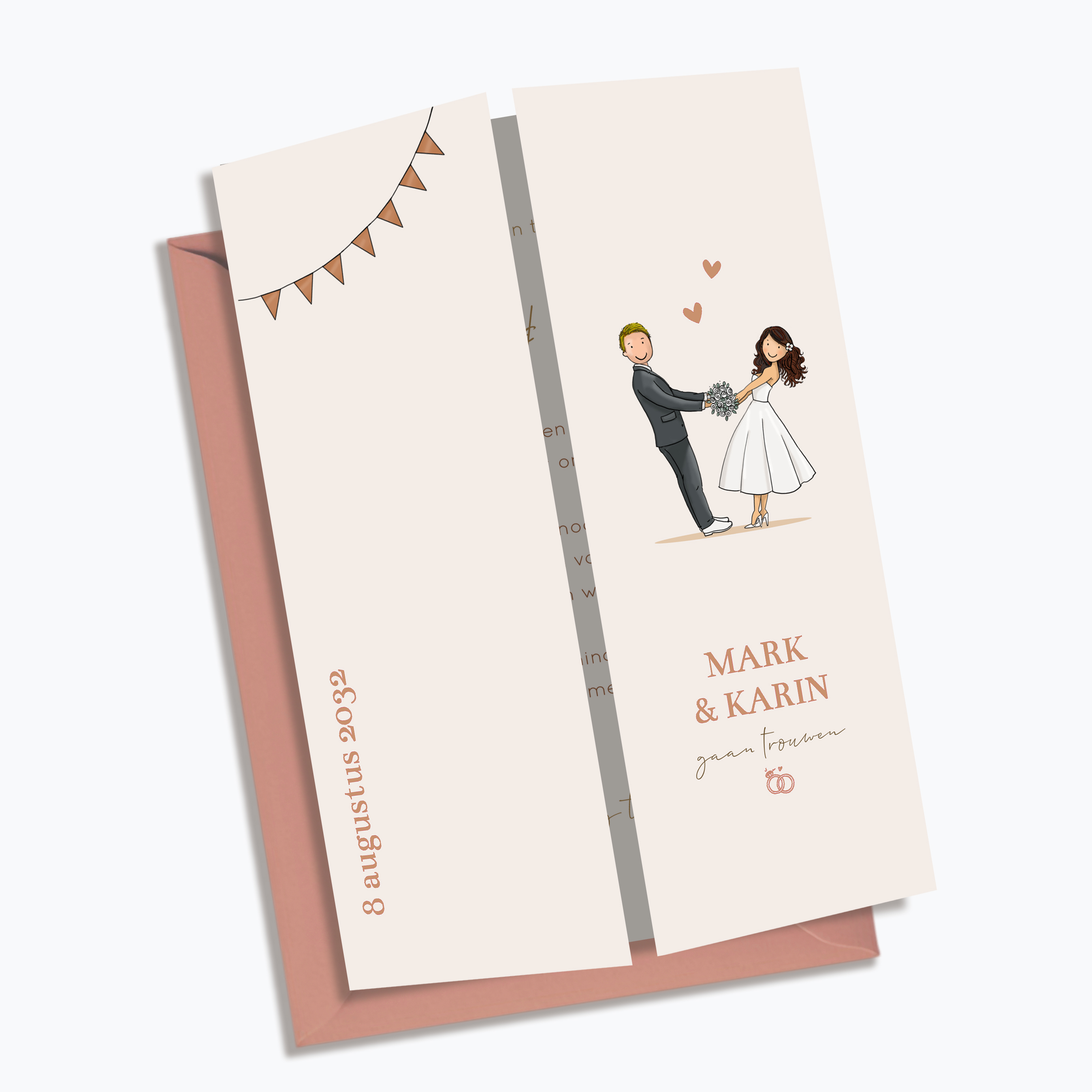 Theaterkaart bruidspaar met hartjes en zachte tint