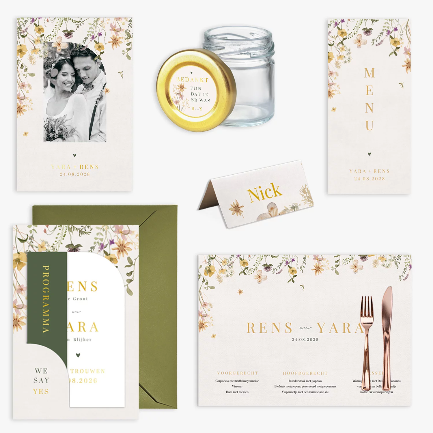 doorlink trouwkaarten set aquarel bloemen