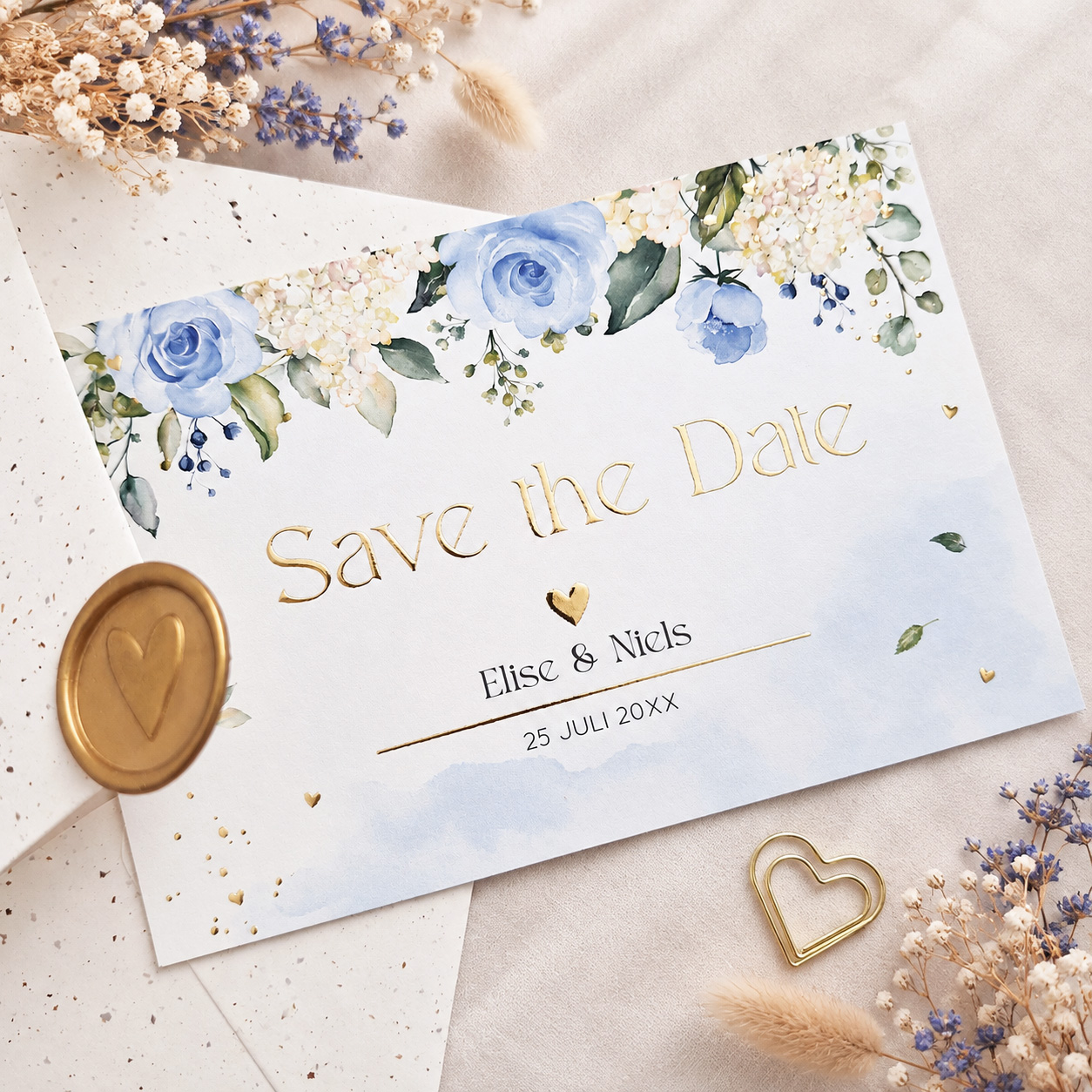 Save the Date kaart blauw watercolour bloemen rozen goudfolie