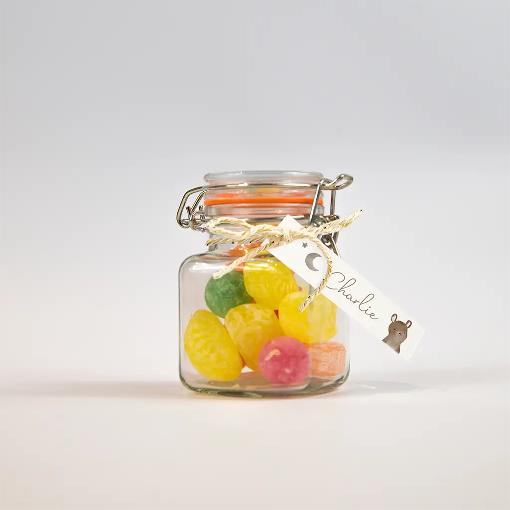 Label langwerpig met maan en beertje voor doopsuiker - per 16 stuks