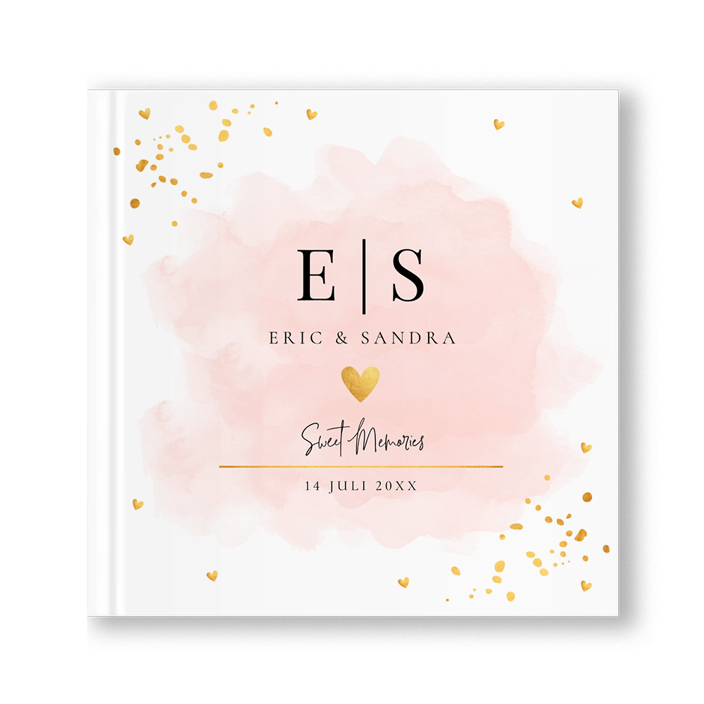 Gastenboek bruiloft watercolour roze hartjes goudlook
