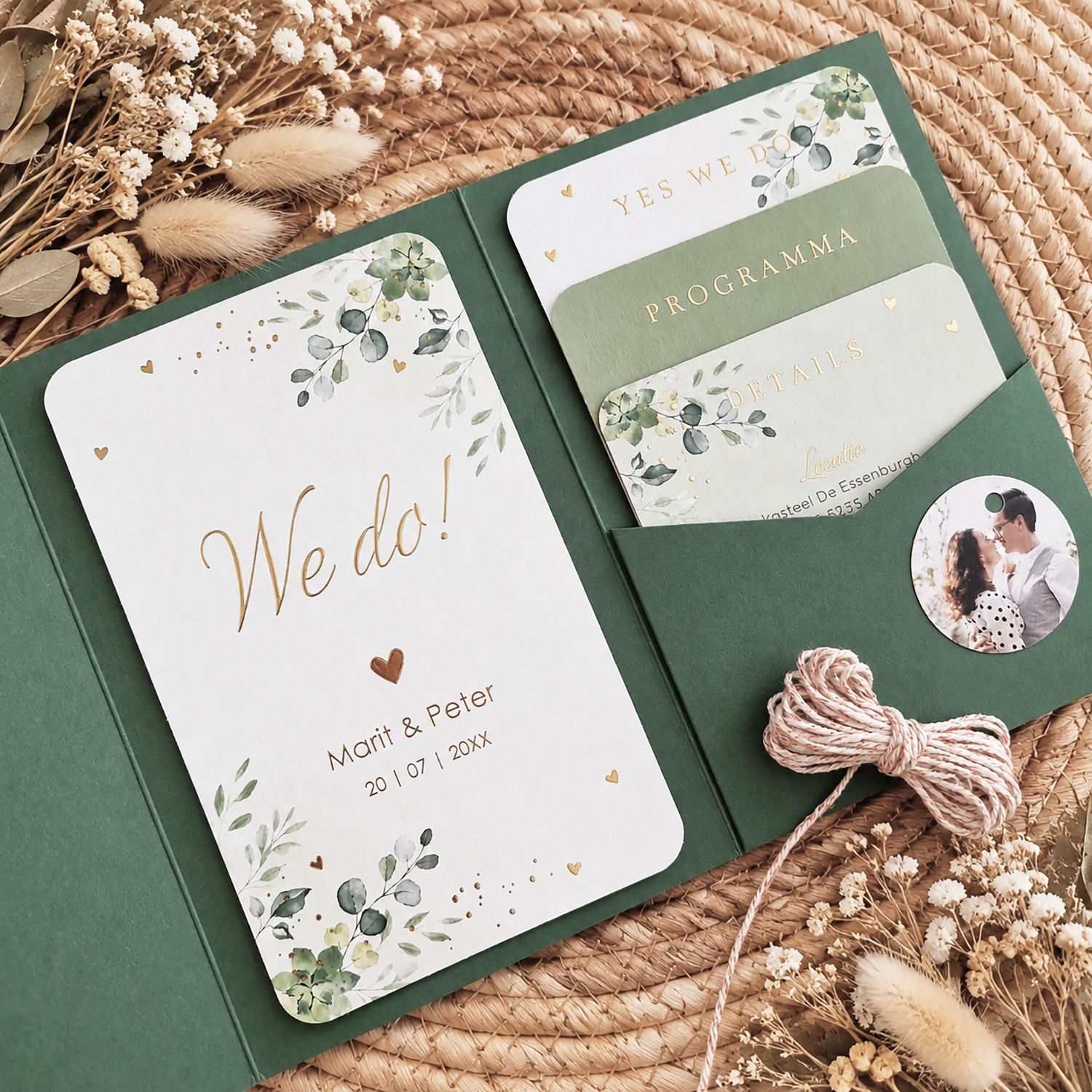 Pocketfold trouwkaart groen botanisch bladeren goudfolie