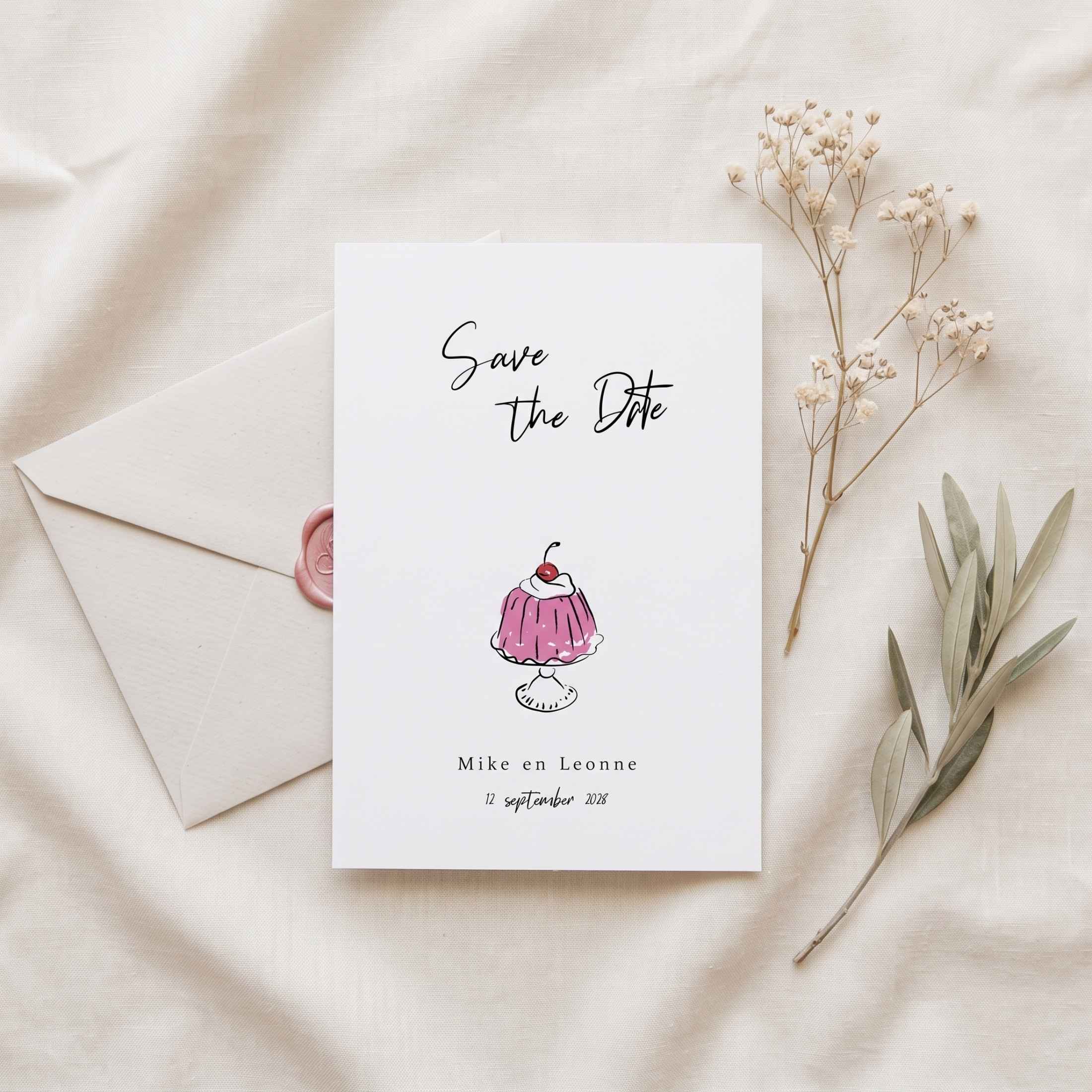 Save the Date bruiloft roze taart
