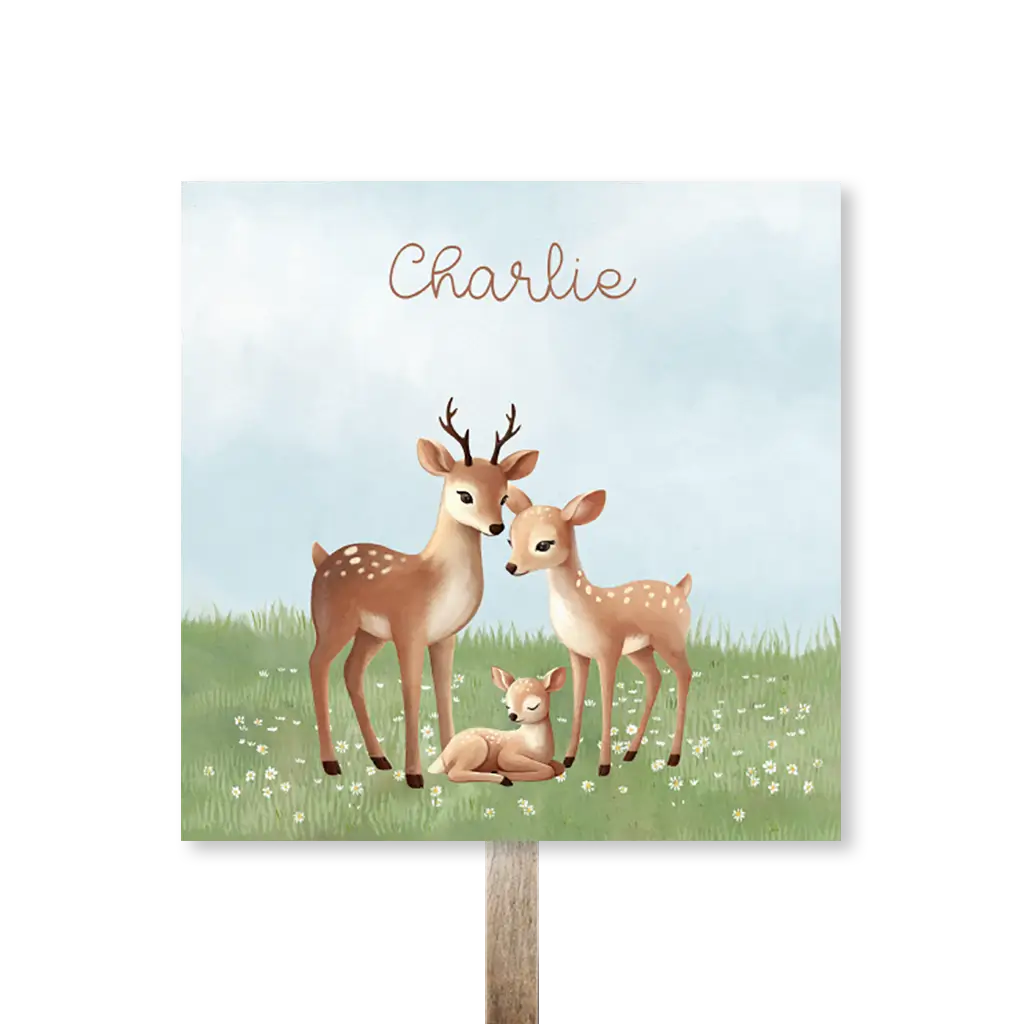 Tuinbord vierkant met hertengezin in het gras en bloemen