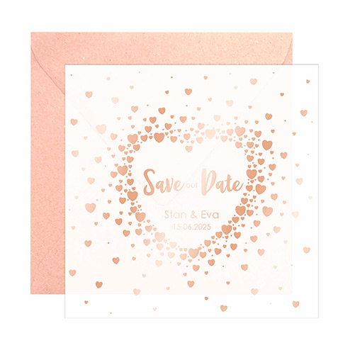 Stijlvolle save the date kaart rose goudfolie hartjes