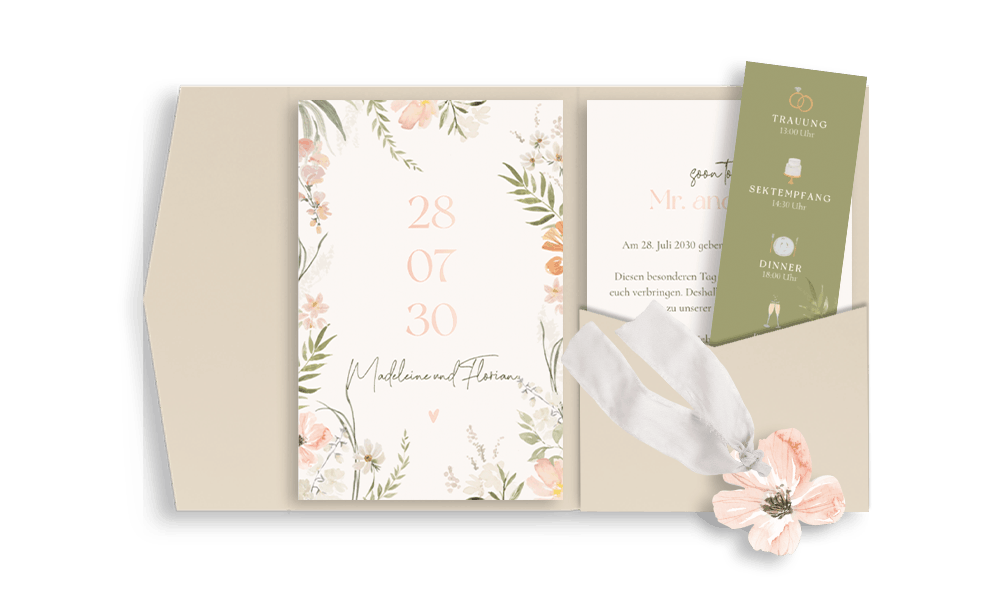 Romantische Pocketfold Hochzeitseinladung mit Blumen und Roségoldfolie