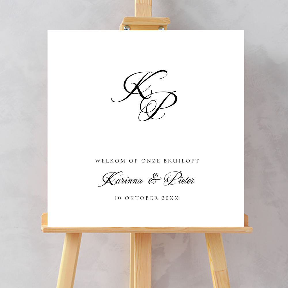 Bruiloftsbord wit initialen naam sierlijke letters