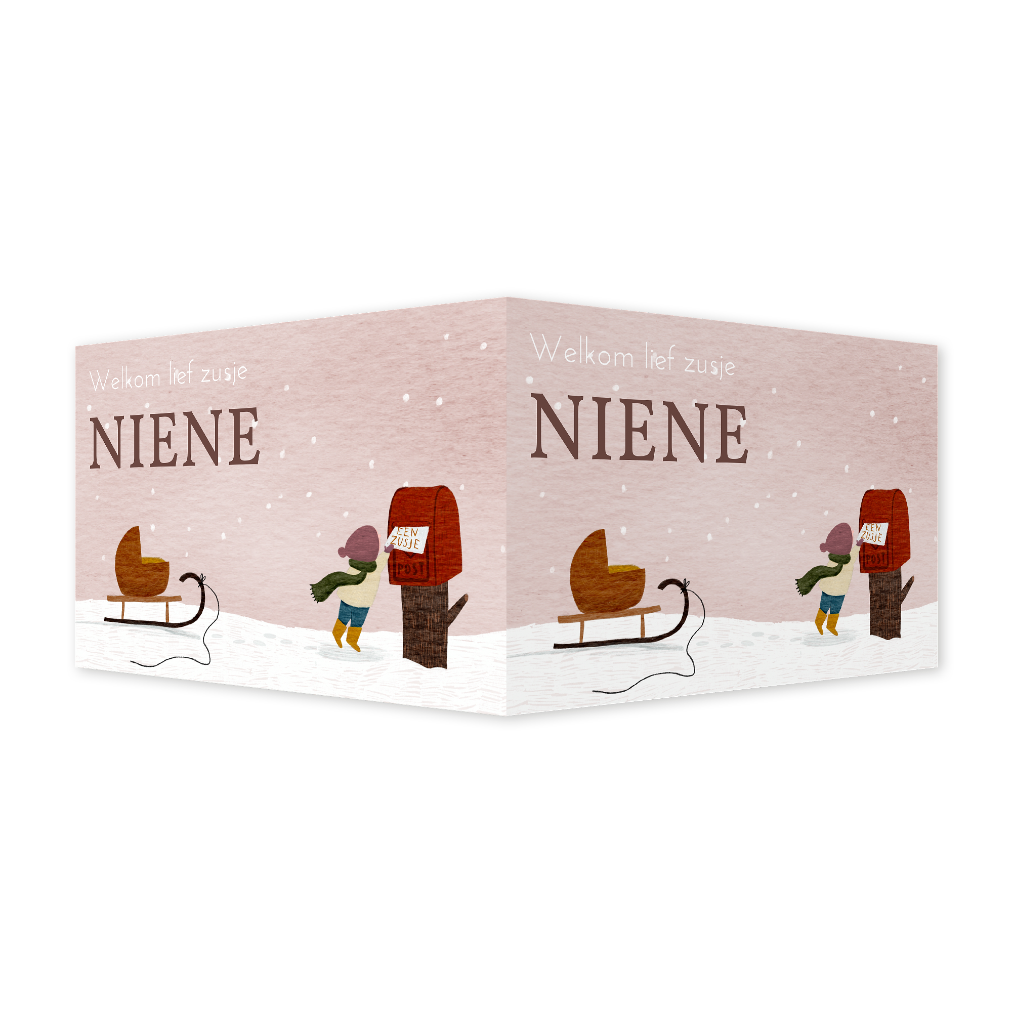 Raambord winter meisje slee brievenbus