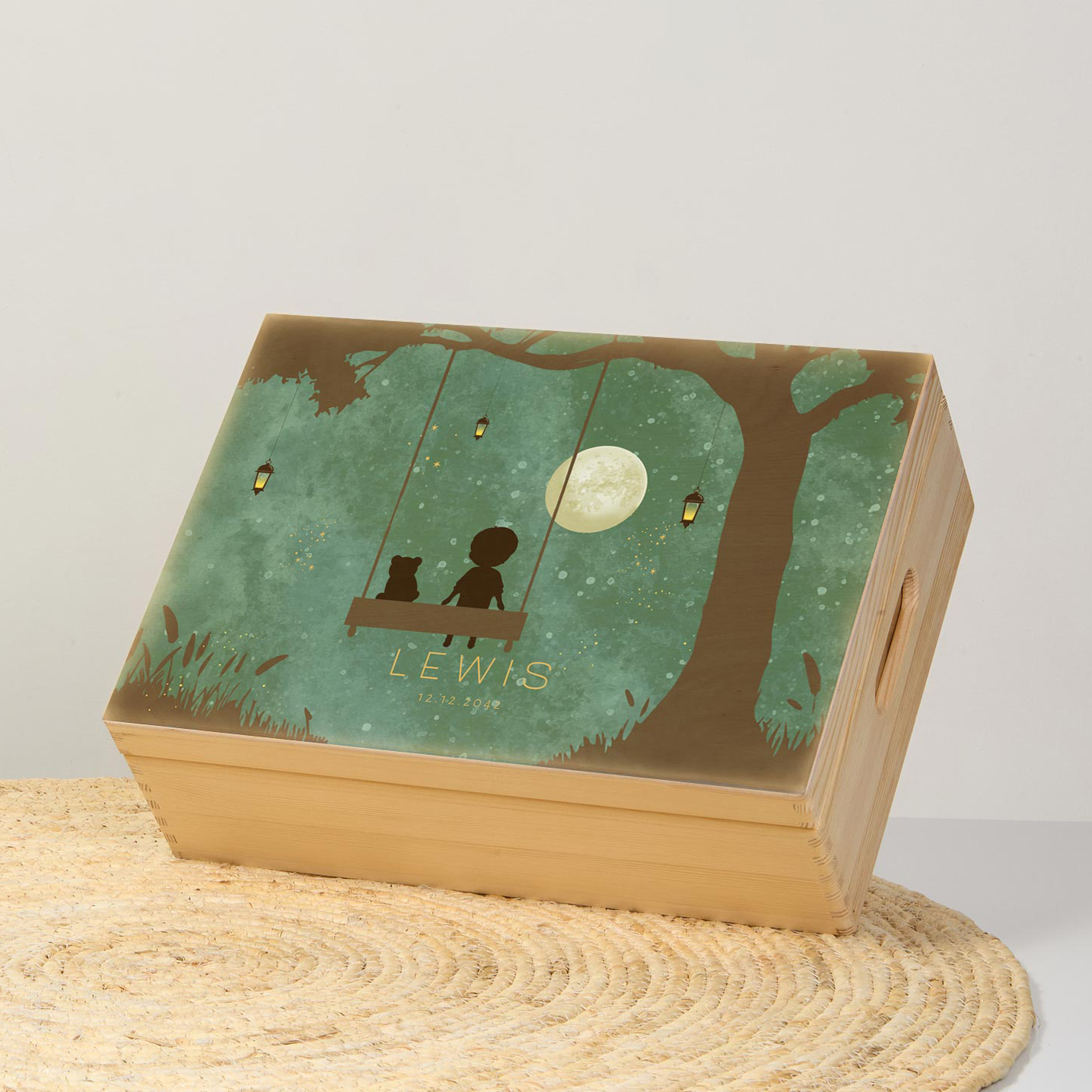 Memorybox winterliefde jongetje op schommel met beer en maan