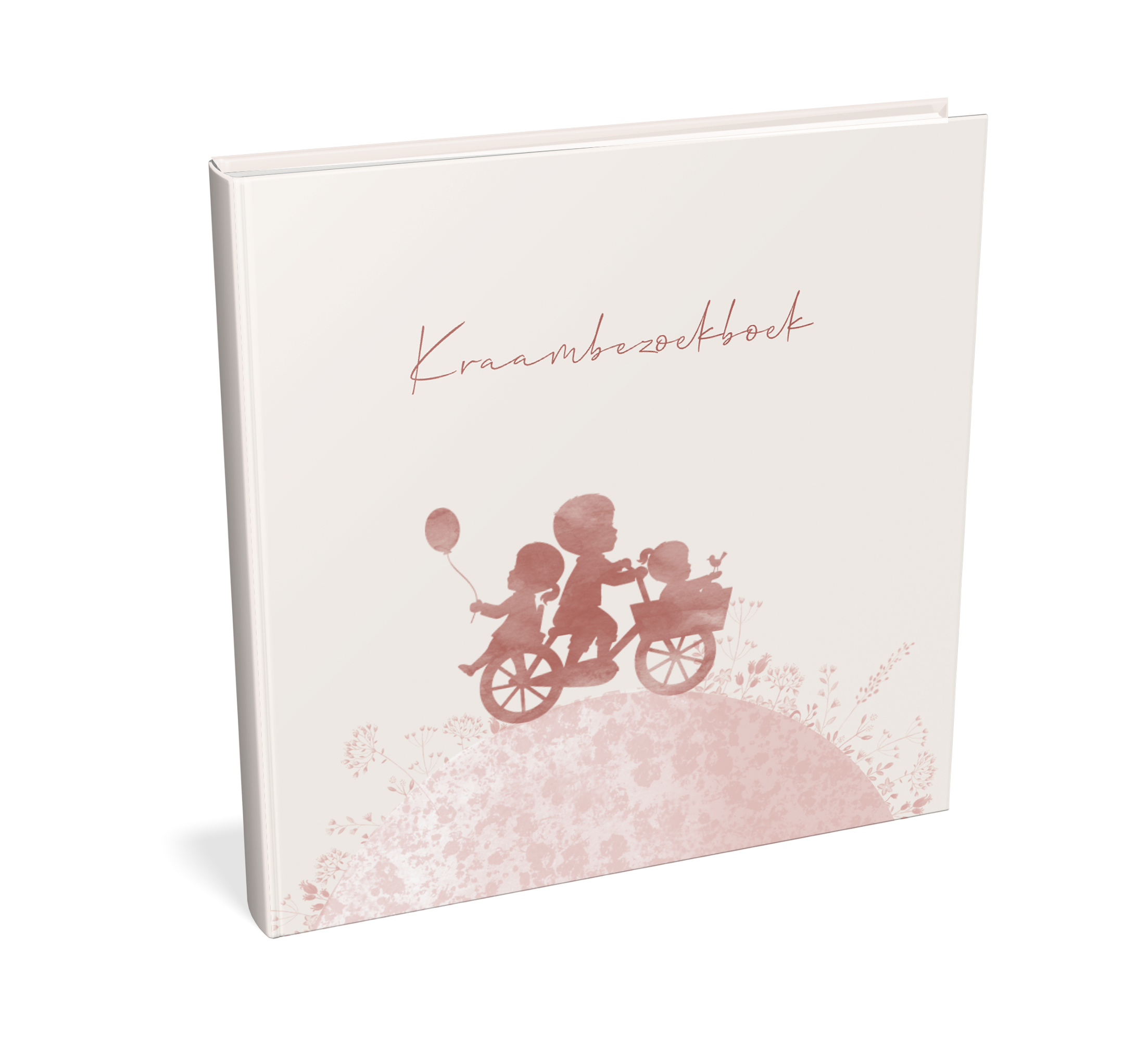 Kraambezoekboek roze watercolour met silhouetjes op fiets