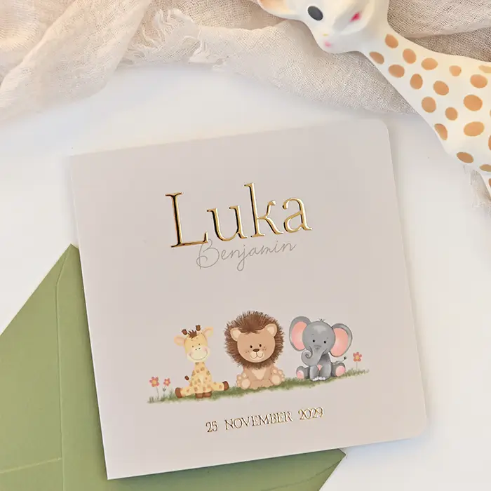 Geboortekaartje lief girafje leeuw en olifantje