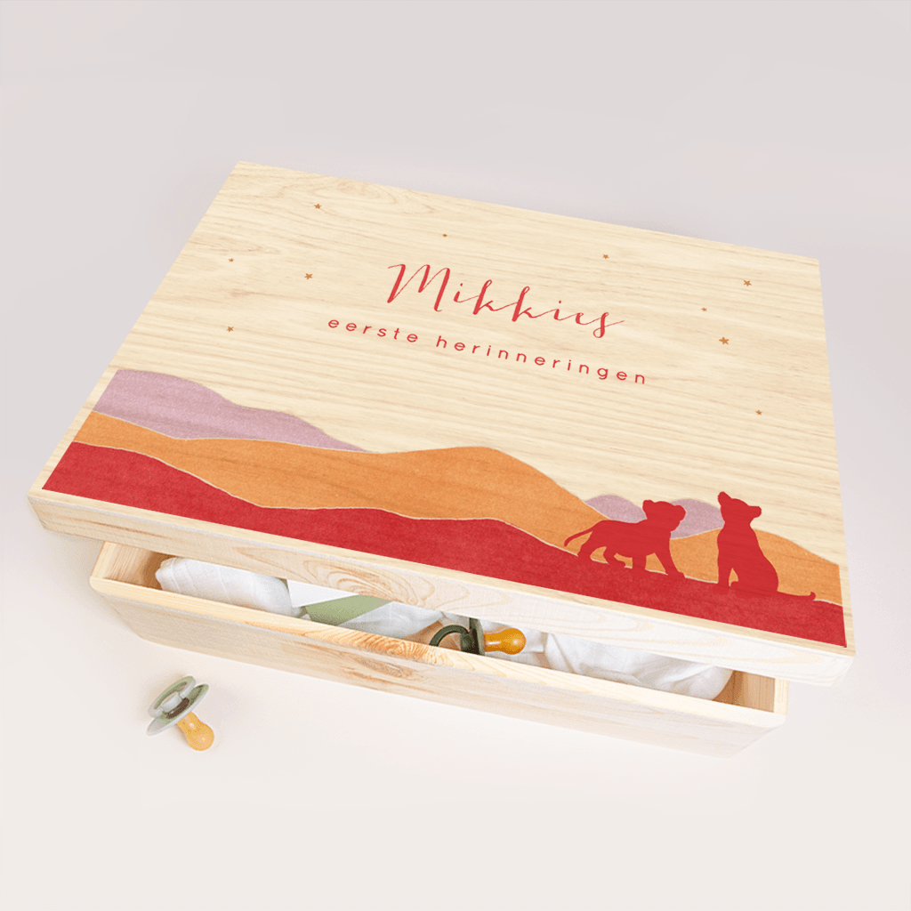 Memory box met kleurrijk heuvellandschap en welpjes
