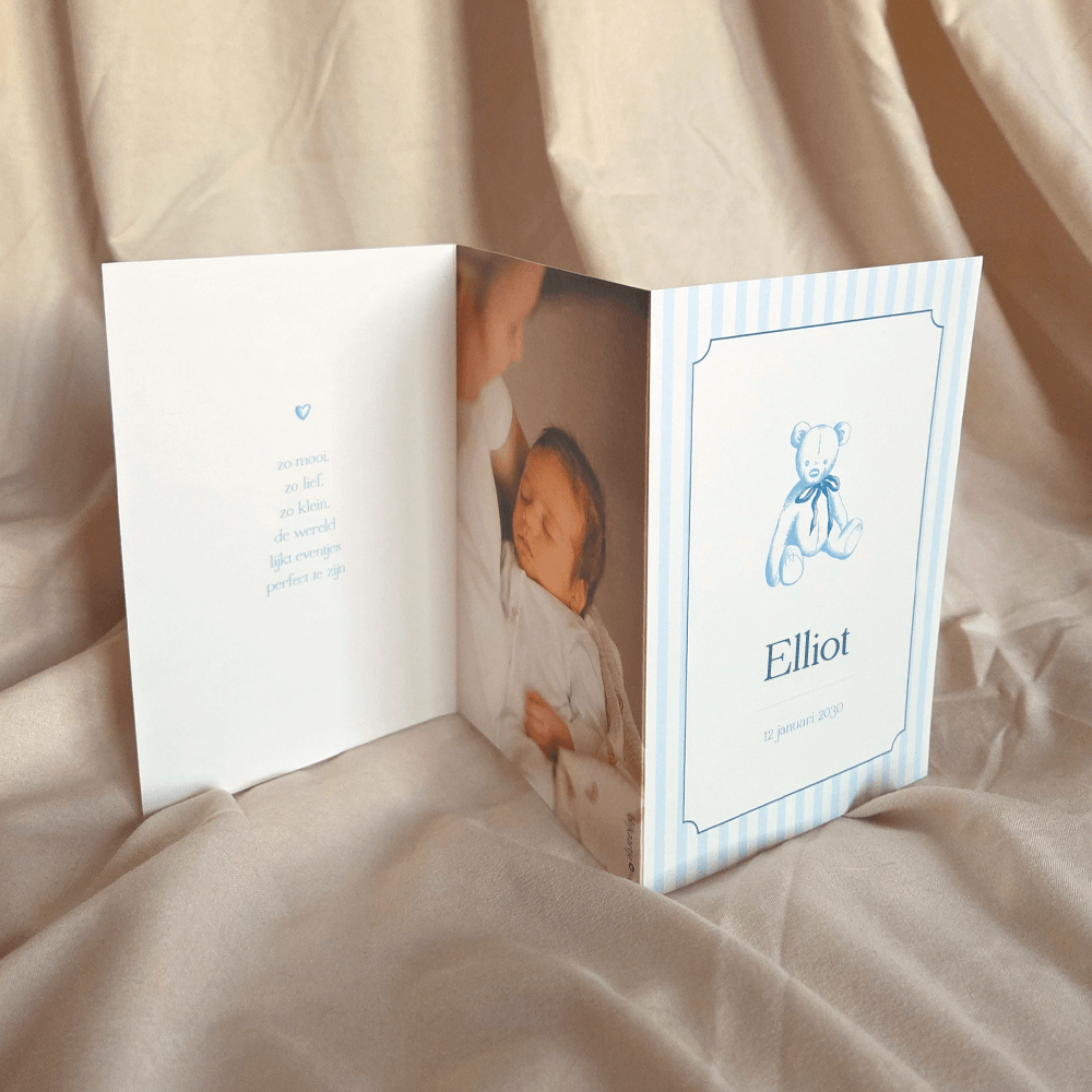 Zigzag geboortekaartje klassiek met beertje en foto