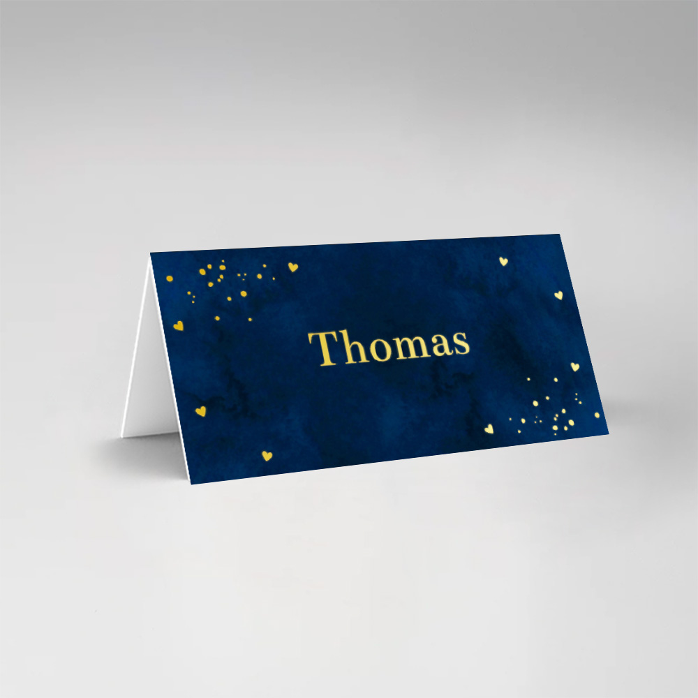 Bruiloft naamkaartjes dubbel gevouwen donkerblauw goudfolie