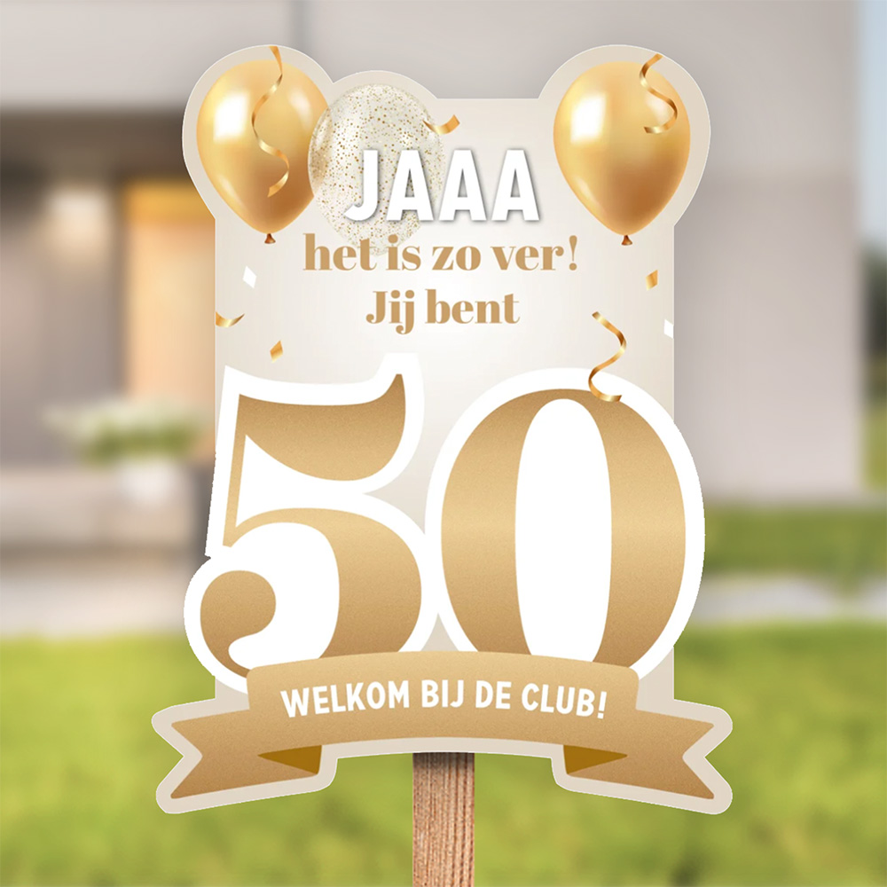 Bord 50 jaar welkom bij de club met goudlook ballonnen
