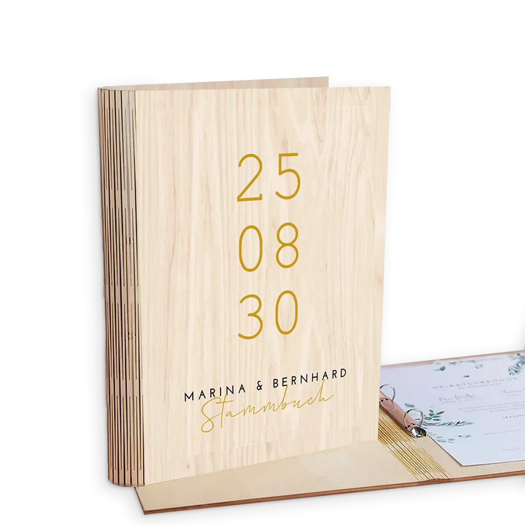 Stammbuch Hochzeit Holz mit großem Datum