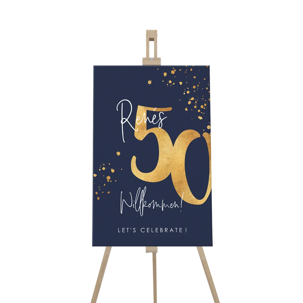 Willkommensschild zum Fünzigsten im Gold-Look